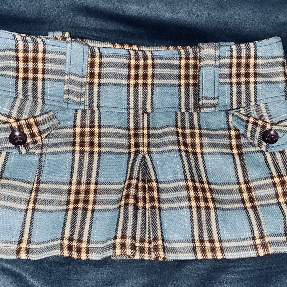 Plaid Mini Skirt in Light Blue and Brown - Women